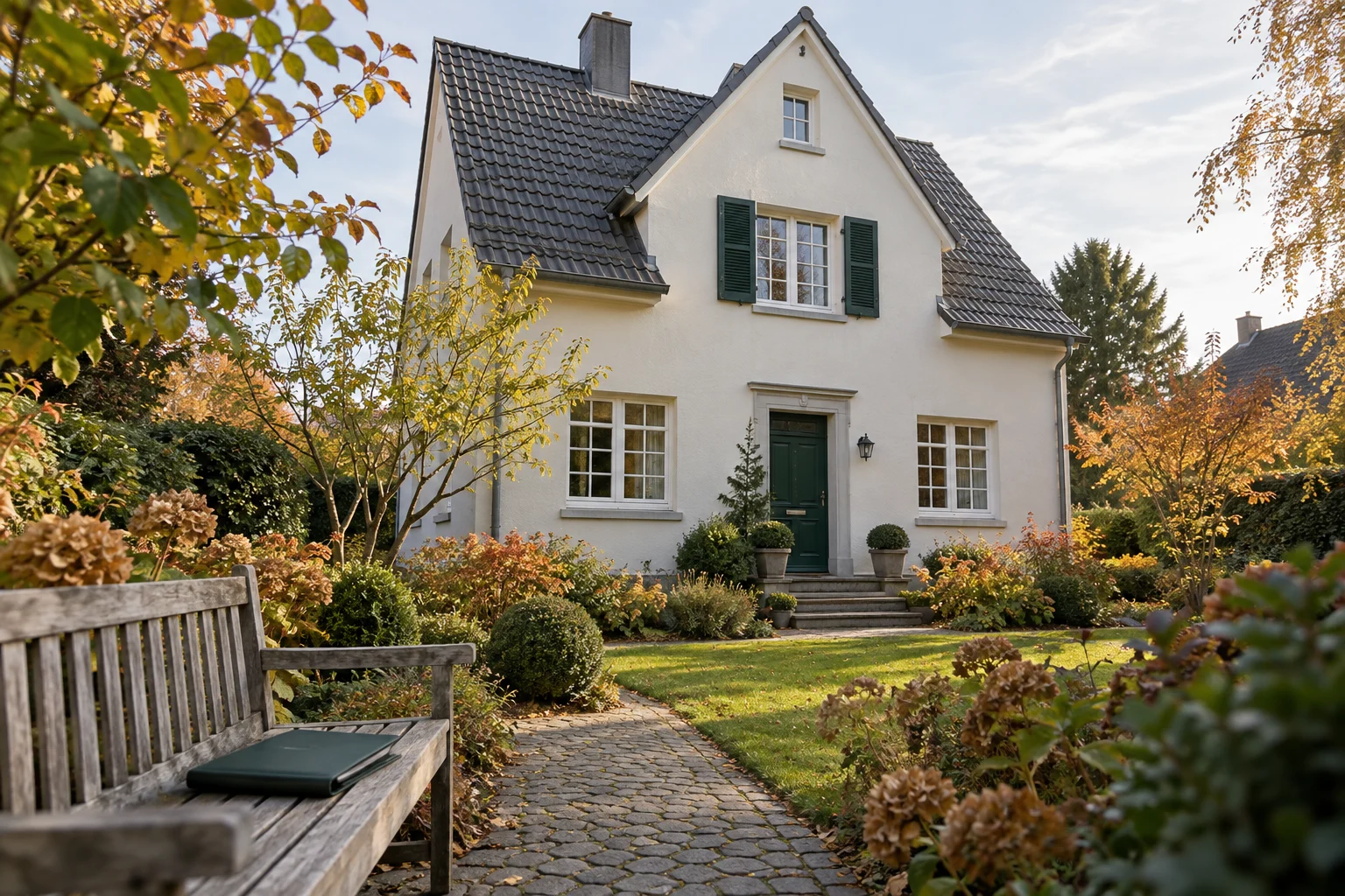 Helles Wohnhaus mit grünem Eingang und gepflegtem Garten; auf einer Bank liegt eine geschlossene Dokumentenmappe.
