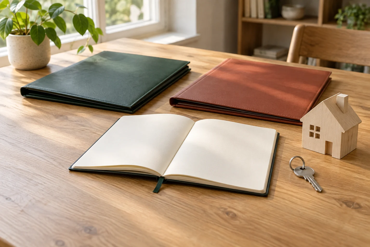 Zwei Dokumentenmappen, ein leeres Notizbuch, ein Hausschlüssel und ein kleines Holzhaus auf einem hellen Tisch.